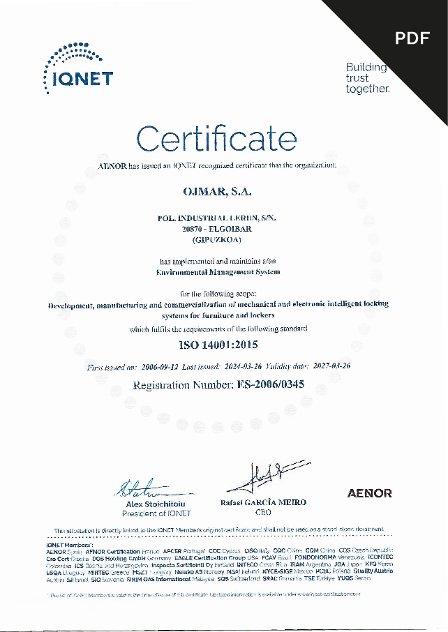 Aenor ISO 14001:2015 Certificate