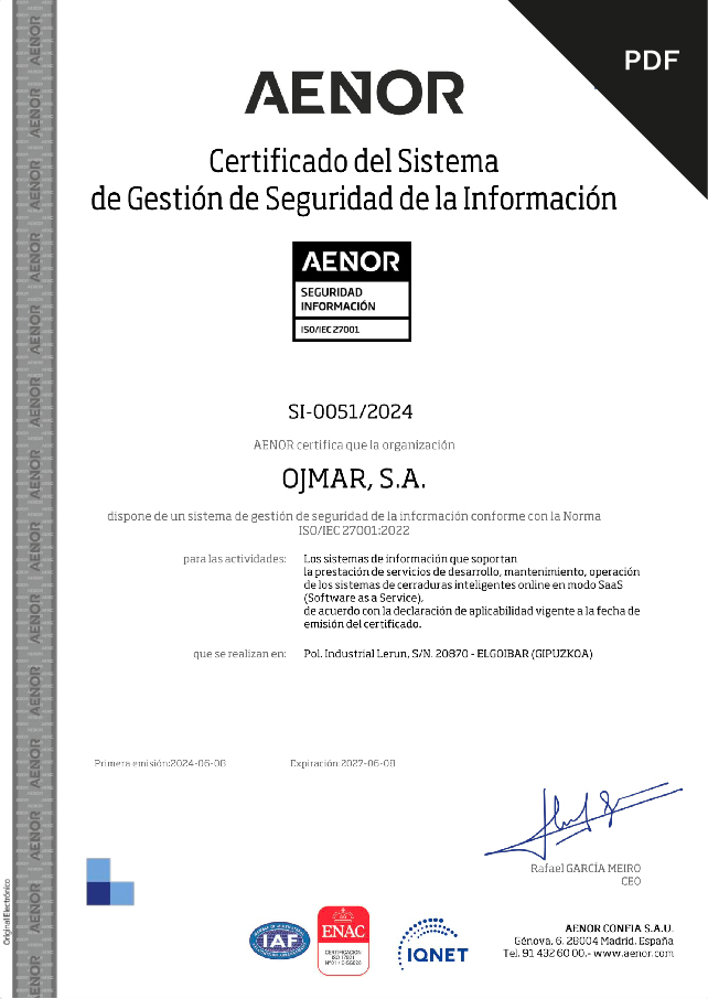 Aenor ISO 27001 Certificate